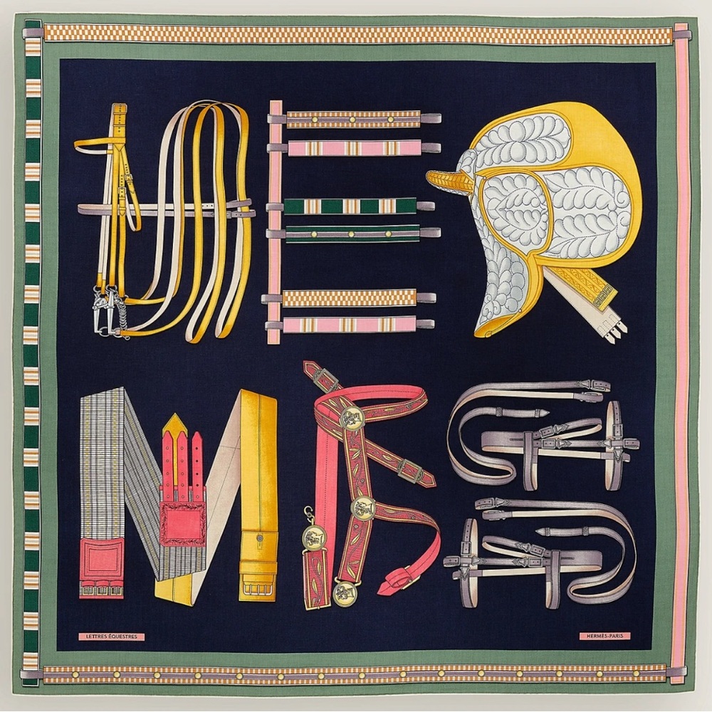 NEW HERMES Caban / Vert loden / Multicolore Lettres Equestres Shawl 140 Scarf